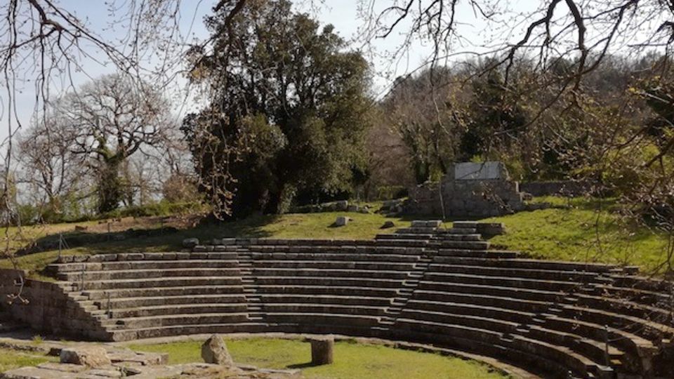 Anfiteatro all’aperto in pietra con gradinate semicircolari su un prato, circondato da alberi e vegetazione su un pendio. Sullo sfondo si vedono un piccolo muro in pietra e il cielo tra i rami spogli.
