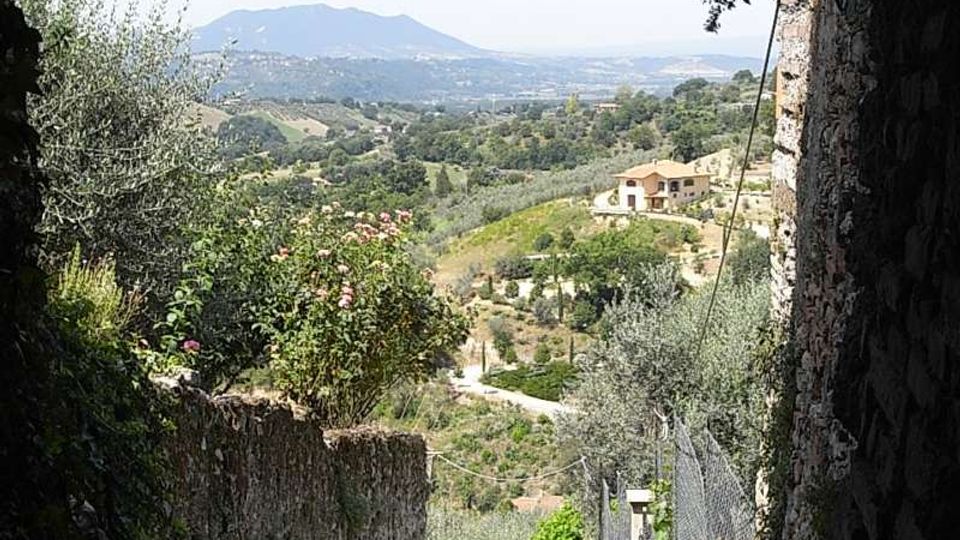 Vicolo in pietra in discesa con arco coperto da vegetazione e lampada sospesa, affiancato da muri in muratura e una recinzione metallica. Sullo sfondo si apre una valle rurale con colline alberate, case sparse e montagne in lontananza.