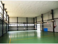 Interno di una palestra o palazzetto con campo da pallavolo, pavimento verde con linee gialle e rete tesa al centro. Pareti in lamiera e travi metalliche, ampie finestre laterali e luci industriali sotto un soffitto alto.