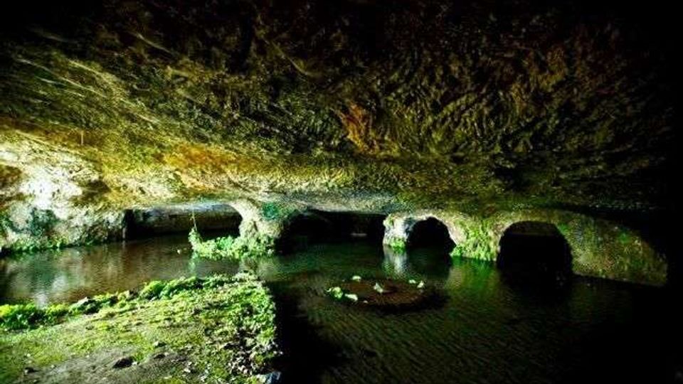 Interno di una grotta carsica con soffitto basso e irregolare e pareti rocciose coperte di muschio. Un corso d’acqua scorre sul fondo formando pozze scure, con aperture ad arco nella roccia illuminate da luce artificiale.