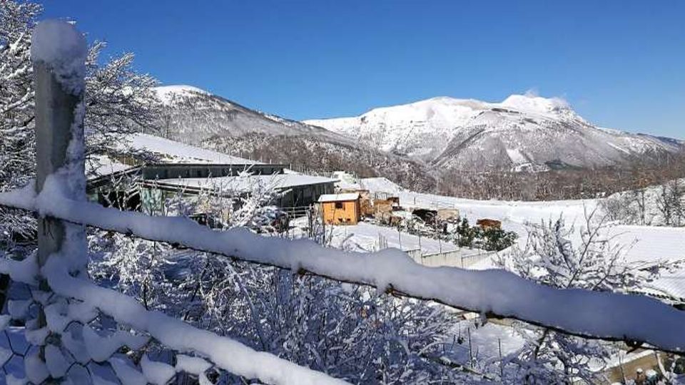 Paesaggio montano innevato con catena di montagne sullo sfondo sotto un cielo limpido. In primo piano una recinzione e alberi coperti di neve, e nella valle alcuni edifici con tetti innevati.