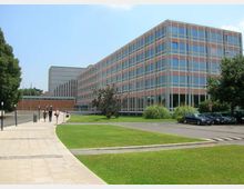 Edificio per uffici moderno a più piani con facciata a griglia di finestre e pannelli colorati, affacciato su un’area verde curata. In primo piano si vedono un marciapiede ampio, alberi e un parcheggio con alcune auto.