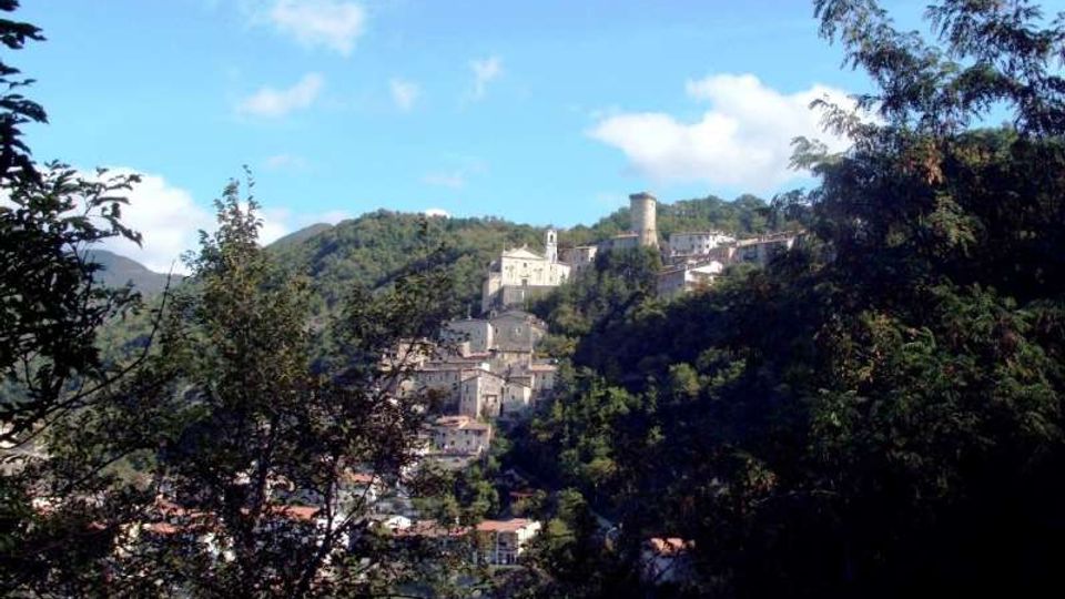 Vista panoramica di un borgo collinare con case in pietra, un complesso storico sulla sommità e una torre cilindrica, circondato da boschi. In primo piano si vedono alberi e vegetazione, con cielo azzurro e nuvole sullo sfondo.