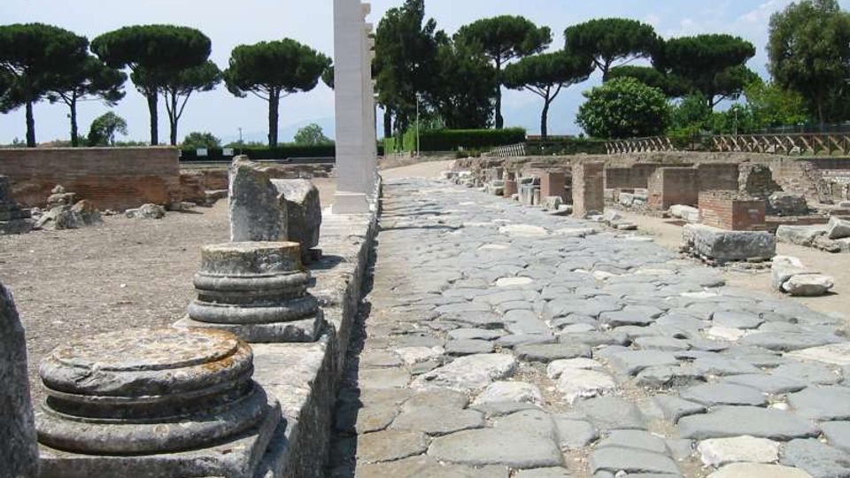 Veduta di un sito archeologico con strada lastricata in pietra e resti di colonne e muri bassi in muratura lungo i lati. Sullo sfondo si vedono alberi ad alto fusto e cielo aperto che incorniciano l’area delle rovine.