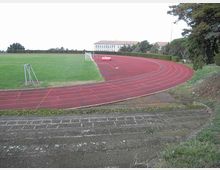 Pista di atletica in gomma rossa che curva attorno a un campo in erba verde, con linee di corsia e alcune attrezzature sportive. Sullo sfondo si vedono alberi e un grande edificio chiaro, con una scarpata e una gradinata in cemento in primo piano.