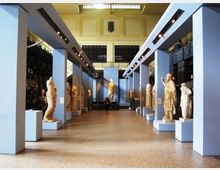 Interno di una sala museale con lungo corridoio centrale, strutture espositive azzurre e statue classiche su piedistalli ai lati. In fondo si vede una grande parete con finestre alte e illuminazione a soffitto.