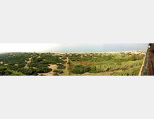 Veduta panoramica di una zona costiera con vegetazione bassa e cespugli, sentieri sabbiosi e campi verdi, con alcune case sparse sullo sfondo. In lontananza si vede il mare e, sul bordo destro, una struttura in muratura in primo piano.
