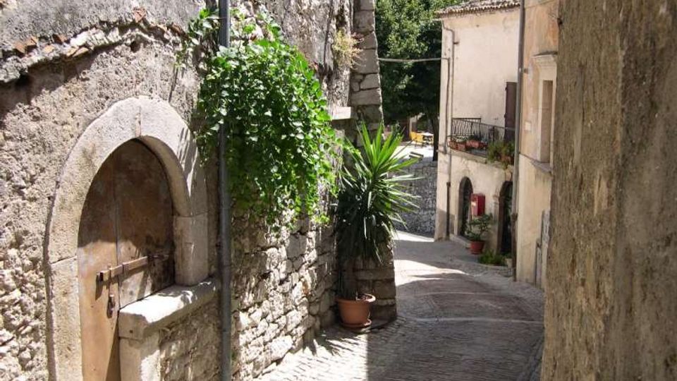 Vicolo stretto in un borgo storico, con pavimentazione in pietra e alti muri di edifici in muratura. A sinistra si vede un portale ad arco in pietra e piante in vaso lungo il muro, mentre il passaggio scende verso case con balconi e vegetazione sullo sfondo.