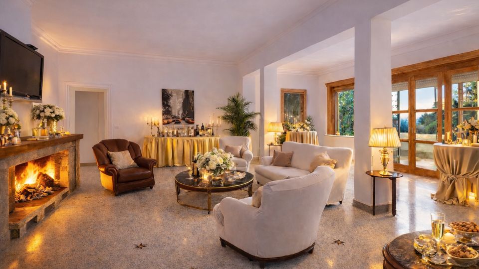 Ampio salone interno con camino acceso in pietra, pavimento in marmo e area lounge con poltrone e divani chiari attorno a un tavolino rotondo. Grandi finestre con infissi in legno illuminano lo spazio, arredato con lampade da tavolo, composizioni floreali e tavoli da buffet con tovaglie drappeggiate.