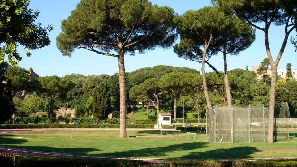 Ampio prato di un parco con alti pini marittimi dalla chioma a ombrello, circondato da alberi e vegetazione. In primo piano si vede una recinzione metallica e, sul lato destro, una rete protettiva che delimita un’area sportiva.