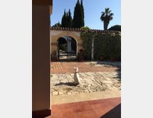 Cortile di una casa con pavimentazione in pietra e mattoni, che conduce a un cancello in ferro sotto un arco intonacato con tetto in coppi. Sullo sfondo si vedono siepi rampicanti, vasi in terracotta, cipressi e una palma sotto cielo sereno.