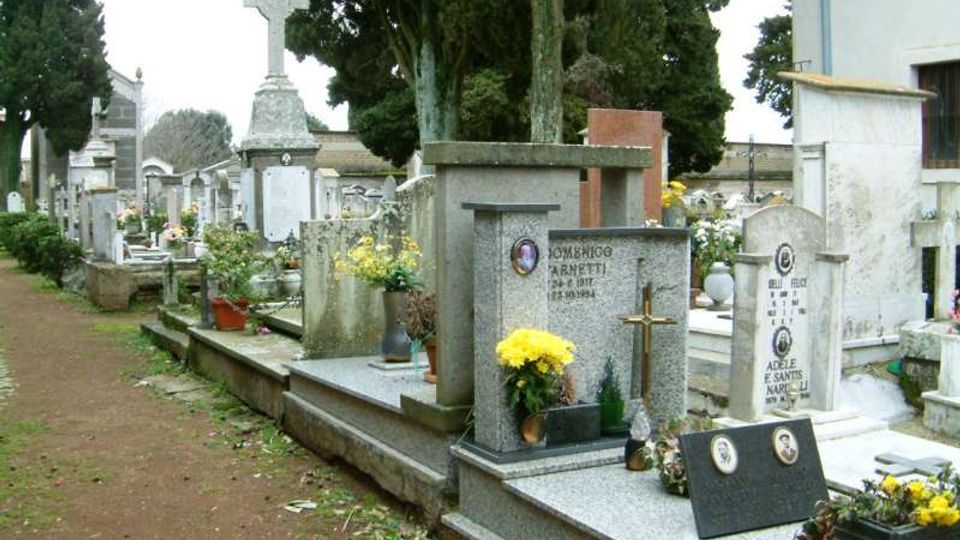 Viale di un cimitero con tombe in marmo e granito disposte in fila, alcune con croci, lapidi e vasi di fiori. Alti cipressi e altri alberi costeggiano il percorso, con cappelle e monumenti funerari sullo sfondo.