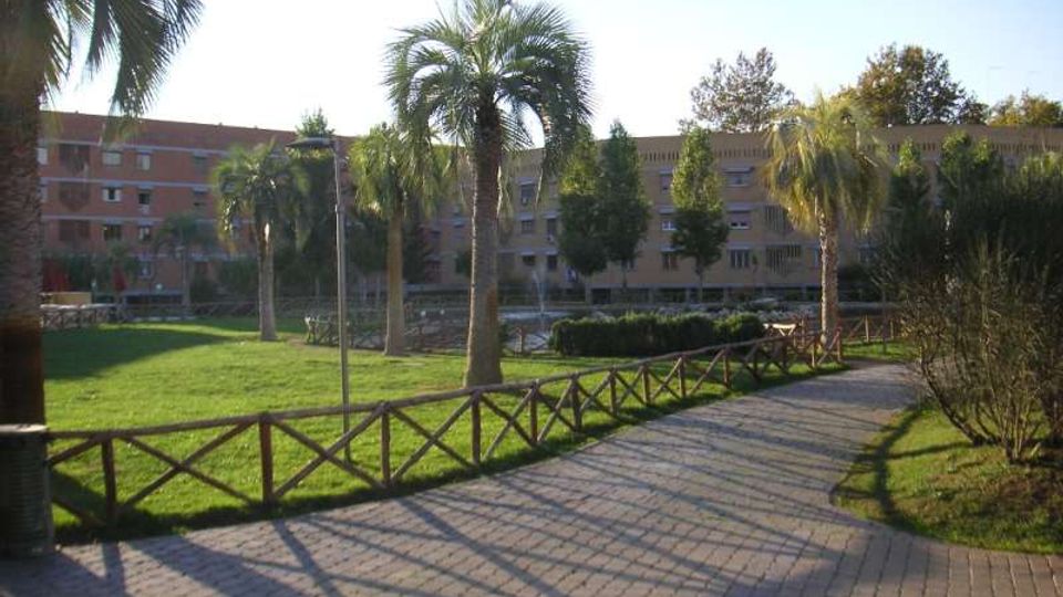 Viale pavimentato in un parco urbano con prato, palme e staccionata in legno lungo il percorso. Sullo sfondo si vedono un piccolo stagno con fontana e palazzi residenziali a più piani.