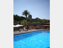 Piscina all’aperto con acqua azzurra e bordo in legno, circondata da una terrazza con ombrelloni, sedie a sdraio e tavolini. Sullo sfondo si vedono palme e vegetazione, tetti bassi e edifici sotto un cielo sereno.
