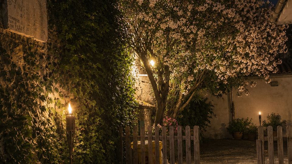 Cortile in pietra di notte con muro in pietra ricoperto d’edera, piccolo cancello in legno e lanterne accese a terra e su paletti. Al centro un albero in fiore illuminato, con edifici dai tetti in tegole sullo sfondo.