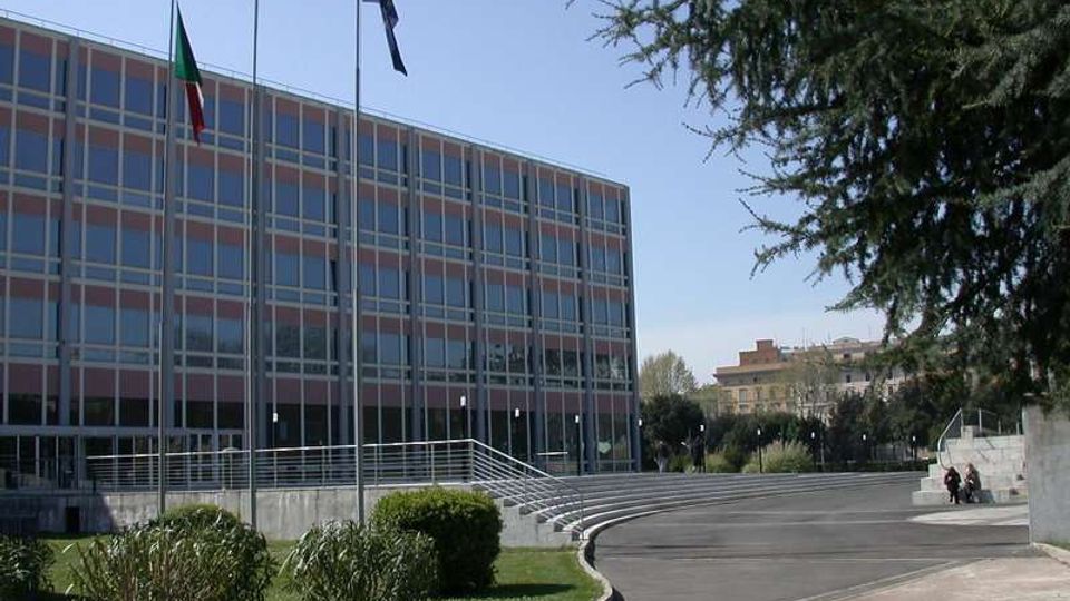 Edificio pubblico moderno con facciata vetrata a griglia e bandiere su pennoni, affacciato su una piazza aperta con percorso curvo asfaltato e gradinate. Intorno ci sono aiuole e alberi, con altri edifici visibili sullo sfondo.