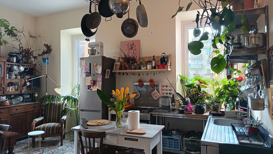Cucina abitata con grande finestra, pavimento a piastrelle decorate, tavolo centrale e frigorifero accanto ai fornelli. Pentole appese a un cestello sospeso e numerose piante in vaso su mensole e vicino al lavello.