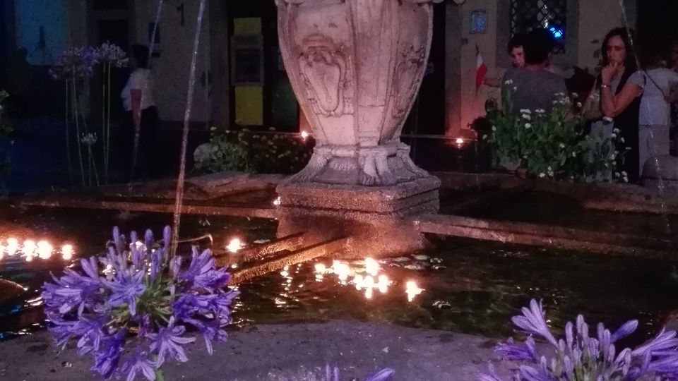 Fontana in pietra in una piazza notturna, con grande vasca circolare sopra un basamento scolpito e getti d’acqua che ricadono nella vasca inferiore. In primo piano ci sono fiori viola lungo il bordo, sullo sfondo una facciata di edificio con finestre e luci soffuse.