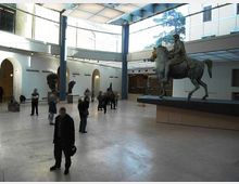Ampio atrio museale con pavimento in pietra e soffitto vetrato sostenuto da colonne, illuminato da grandi finestre e circondato da arcate e pareti bianche. Al centro domina una grande statua equestre su basamento, con altre sculture esposte su piedistalli nella sala.