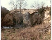 Ponte in pietra a più arcate che attraversa una valle boscosa, con un grande pilone centrale e murature parzialmente coperte da vegetazione. In primo piano si vedono cespugli e alberi spogli lungo un corso d’acqua.