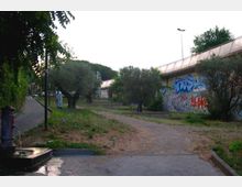Percorso pedonale sterrato tra alberi e vegetazione, affiancato a destra da un lungo edificio con pareti coperte di graffiti e tetto inclinato. A sinistra si vede un marciapiede con lampioni e una fontanella su una piccola area pavimentata.
