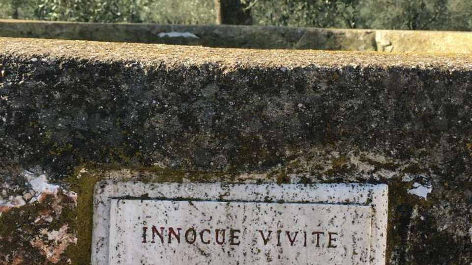 Muro in pietra intonacata e invecchiata con una targa rettangolare in marmo incassata, incisa con una scritta in latino. Sullo sfondo si vedono alberi, tra cui un ulivo, sotto un cielo azzurro.