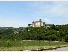 Castello in pietra su una collina boscosa, con torri e mura chiare, circondato da vegetazione e colline ondulate. In primo piano si vede un prato e una strada, sotto un cielo azzurro con leggere nuvole.