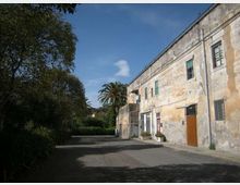 Edificio rurale a due piani con facciata in intonaco usurato, porte e finestre semplici, affacciato su una strada asfaltata. Ai lati ci sono vegetazione fitta e alberi, con una palma sullo sfondo sotto un cielo sereno.