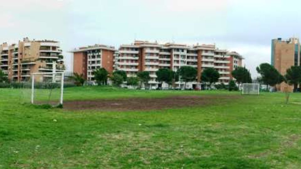 Ampio campo erboso con alcune porte da calcio, circondato da alberi e da una fila di palazzi residenziali moderni sullo sfondo. A destra si vede una strada con auto parcheggiate e un edificio più alto con facciata vetrata.