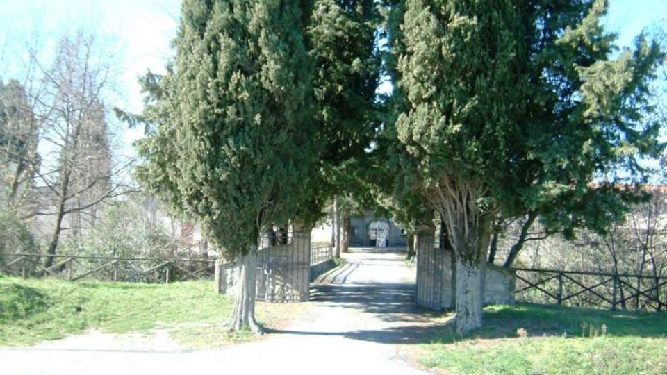 Ingresso a un viale alberato con due grandi cipressi ai lati e un cancello aperto, che conduce a una strada interna. Intorno si vedono prato, recinzioni in legno e alberi sullo sfondo in un contesto rurale.