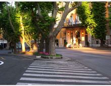 Attraversamento pedonale a strisce bianche su una strada urbana con spartitraffico alberato e aiuole fiorite. Sullo sfondo si vede un edificio storico color ocra con balconi e un grande ingresso ad arco illuminato da lampioni.