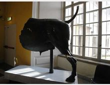 Interno di una sala espositiva con grandi finestre a riquadri che illuminano una scultura nera su un tavolo bianco. Sulla sinistra si vedono una parete gialla e una porta con segnaletica di uscita.