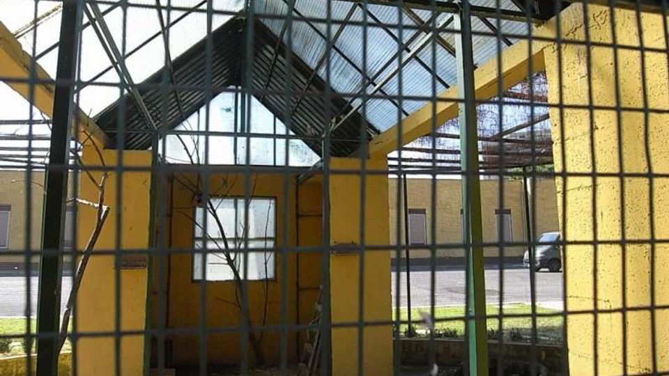 Struttura recintata con griglia metallica in primo piano, che racchiude un piccolo spazio con muri gialli e tettoia in lamiera sostenuta da travi metalliche. Sul fondo si vede un edificio industriale e un’area asfaltata con alcune auto parcheggiate.
