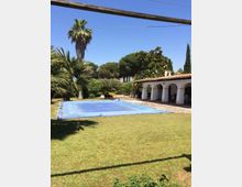 Giardino di una villa con prato e piscina rettangolare coperta da un telo azzurro, circondata da palme e alberi. A destra si vede un portico bianco con archi e tetto in coppi, con vialetto in pietra davanti.