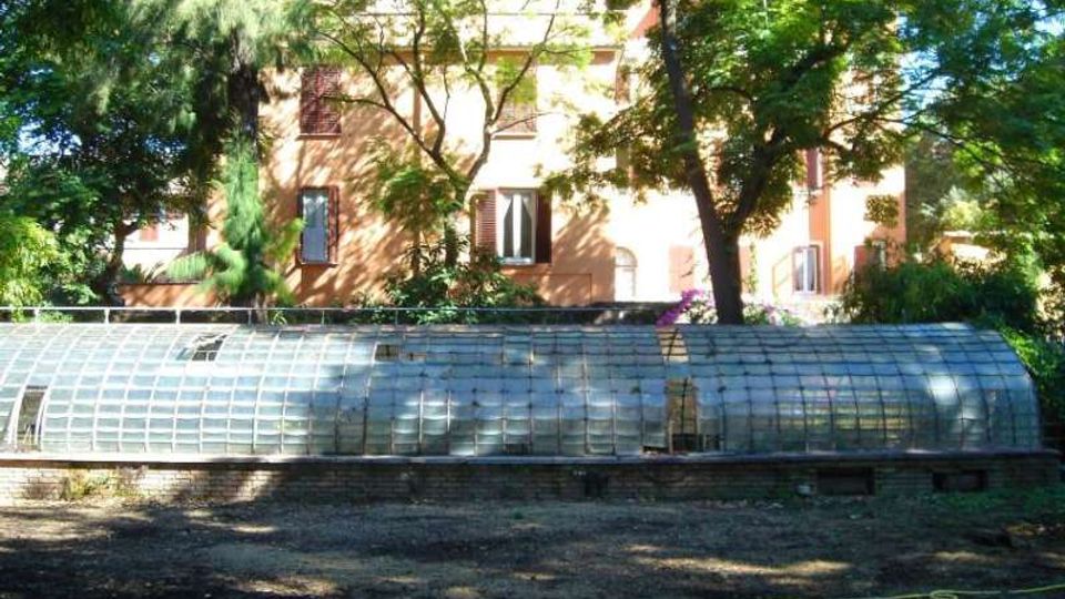 Serra bassa e allungata con struttura metallica e pannelli traslucidi, situata in un’area ombreggiata con terreno scoperto. Sullo sfondo si vede un edificio a più piani color ocra con persiane, circondato da alberi e vegetazione.