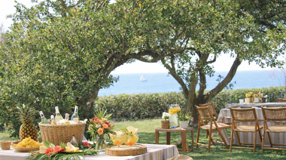Giardino all’aperto con tavoli apparecchiati e sedie in vimini sotto grandi alberi, con buffet di frutta e bevande su tavoli a righe. Sullo sfondo si vede il mare oltre una siepe, con una vela in lontananza.