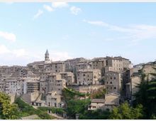Vista panoramica di un borgo collinare con fitti edifici in pietra dai tetti in coppi e una torre campanaria che spicca sullo sfondo. In primo piano si vedono pendii verdi e alberi ai margini dell’abitato sotto un cielo chiaro.