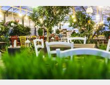 Interno di una serra adibita a ristorante, con tavoli e sedie colorate tra piante e piccoli alberi sotto un tetto in vetro e struttura metallica. Luci sospese e lanterne decorative illuminano l’ambiente verde.