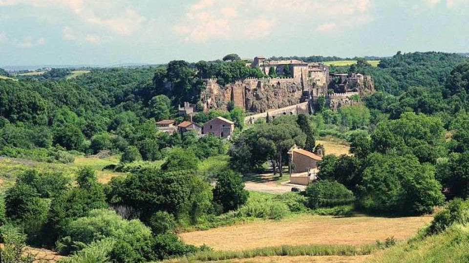 Veduta panoramica di un borgo con edificio fortificato e mura in pietra arroccati su uno sperone roccioso, circondati da fitte aree boschive. In primo piano si vedono campi coltivati e alcune case rurali sparse nella valle.