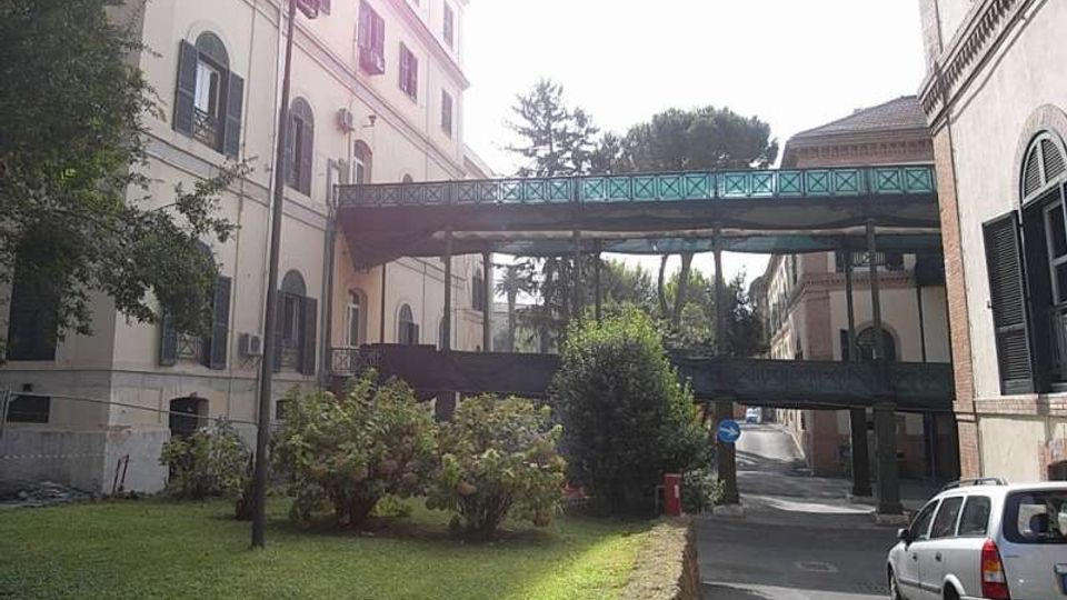 Cortile tra edifici in stile istituzionale con facciate chiare e finestre ad arco, collegati da una passerella sopraelevata in metallo con parapetto verde. In primo piano si vedono un prato con arbusti e una strada di accesso che passa sotto la struttura.