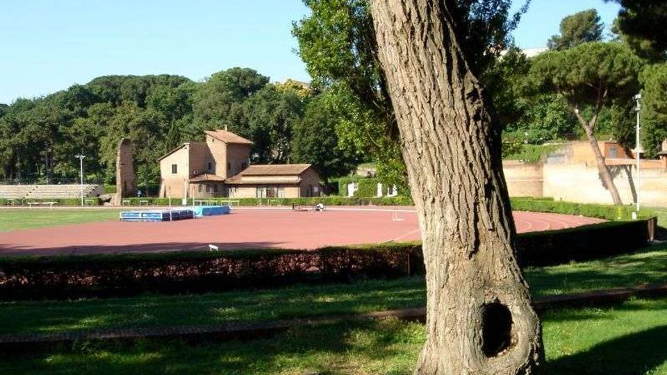 Pista di atletica all’aperto con anello rosso e area verde centrale, circondata da alberi e prati. In primo piano si vede il tronco di un grande albero, con alcune strutture e piccoli edifici sullo sfondo.