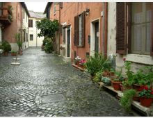 Vicolo stretto con pavimentazione in ciottoli tra case intonacate, con finestre e persiane in legno. Lungo i muri ci sono numerosi vasi di piante e fiori e una piccola pianta alberata vicino al centro della strada.