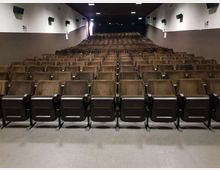 Interno di una sala auditorium/cinema con file di poltrone marroni disposte a gradinata e corridoio centrale, visto dal fondo verso lo schermo. Pareti laterali bicolori con luci e segnaletica di emergenza, soffitto scuro con faretti incassati.