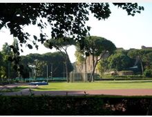 Campo sportivo all’aperto con pista rossa perimetrale e ampia area erbosa centrale, circondato da siepi e alti pini a ombrello. Sullo sfondo si vedono recinzioni, reti e una struttura in muratura parzialmente visibile tra gli alberi.