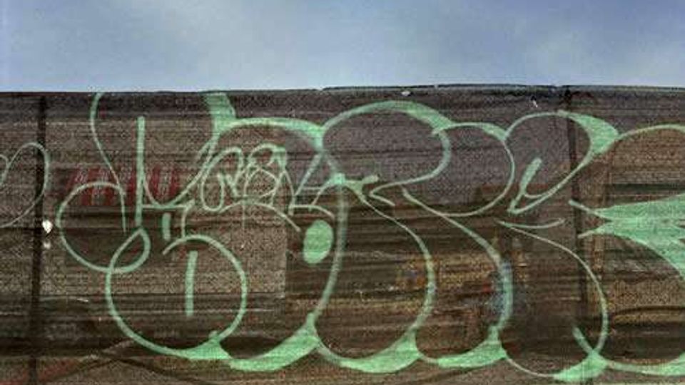Parete lunga in cemento con grandi graffiti verde chiaro e scuro che coprono quasi tutta la superficie, ripresa all’aperto sotto un cielo nuvoloso. In basso si vede una recinzione metallica che corre lungo il muro.