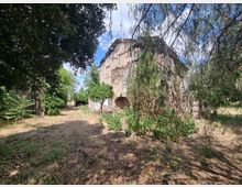 Edificio rurale in muratura parzialmente in rovina, con intonaco scrostato e archi al piano terra, circondato da vegetazione fitta. Un sentiero sterrato attraversa l’area ombreggiata da alberi e cespugli sotto un cielo parzialmente nuvoloso.