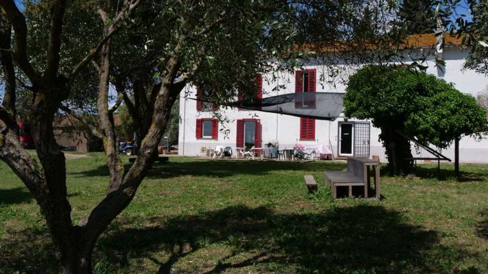 Cortile erboso con alberi in primo piano e una casa rurale a due piani sullo sfondo, con facciata bianca e persiane rosse. Davanti all’edificio si vedono una piccola area esterna con sedie e oggetti e un semplice tavolo in cemento nel prato.