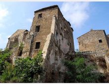Rovine di un complesso di edifici in pietra su un pendio, con una torre rettangolare e muri parzialmente crollati e scrostati. Vegetazione fitta alla base e cielo azzurro sullo sfondo.
