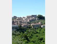 Panorama di un borgo collinare con case in pietra e tetti in coppi, addossate su diversi livelli lungo il pendio. In alto si distingue un grande edificio storico, mentre in primo piano si estende una vallata verde con alberi e vegetazione fitta.