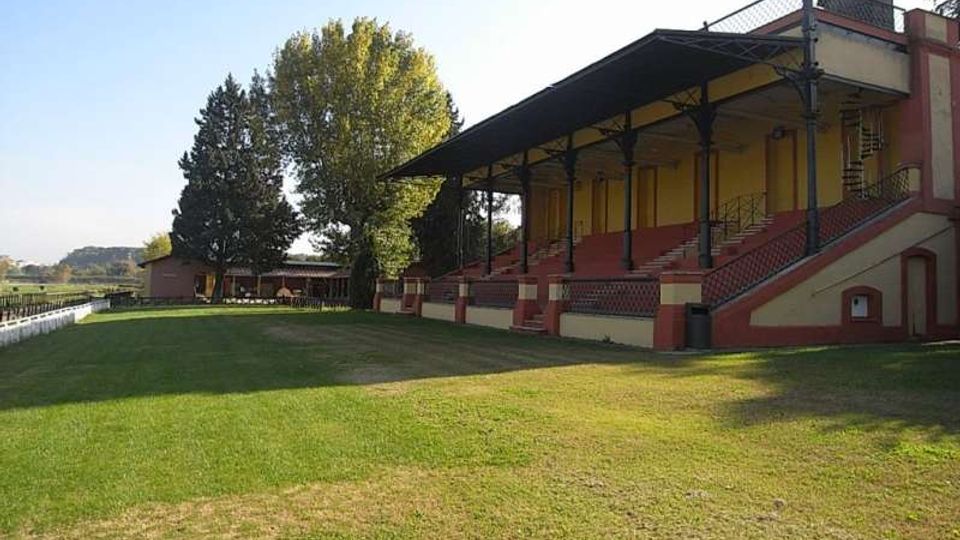 Tribuna coperta di un piccolo campo sportivo, con gradinate in muratura e struttura metallica a sostegno del tetto. Davanti si estende un prato verde, con alberi alti sullo sfondo e recinzione lungo il bordo del campo.